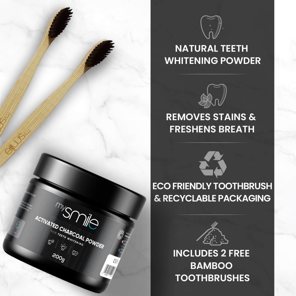Contents of Activated Charcoal Teeth Whitening Powder with Bamboo Toothbrush