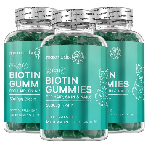 

Biotin Gummies for Hair, Skin and Nails - Chewable Beauty Supplement With Vitamins - 120 Gummies - 3 Pack