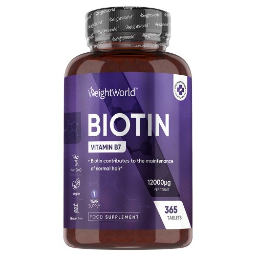 WeightWorld Biotin - 12,000mcg 365 Tablets with Vitamin B7 - For Thinning Hair, Healthy Skin, Nails - 1 Year Supply
