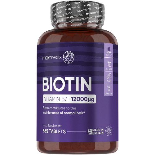 Maxmedix Biotin - 12,000mcg 365 Tablets with Vitamin B7 - For Thinning Hair, Healthy Skin, Nails - 1 Year Supply