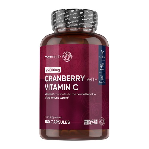 Cranberry with Vitamin C - 25,000 mg 180 Capsules - High Strength Cranberry Supplement Plus Vitamin C