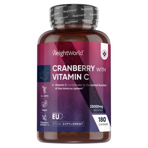 Cranberry with Vitamin C - 25,000 mg 180 Capsules - High Strength Cranberry Supplement Plus Vitamin C