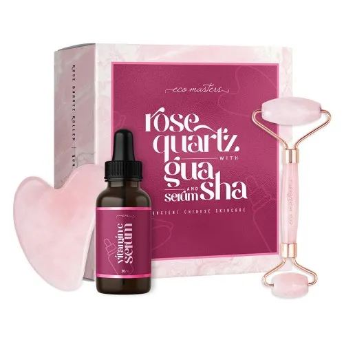 Rose Quartz Face Roller - with Gua Sha & Vitamin C Serum 30ml - 3-in-1 Skincare Kit l Eco Masters
