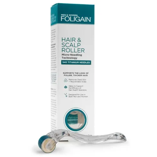 Foligain Hair & Scalp Roller - for Thinning Hair - 540 Titanium Micro-needles - Painless Derma Roller for Men & Women - Stimulates Hair
