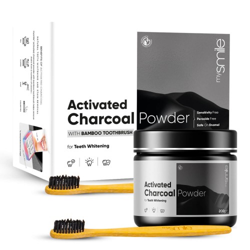 mysmile Activated Charcoal Teeth Whitening Powder 200g + 2 Bamboo Toothbrushes - Teeth Whitening Kit - Enamel Safe Stain & Plaque Remover Kit