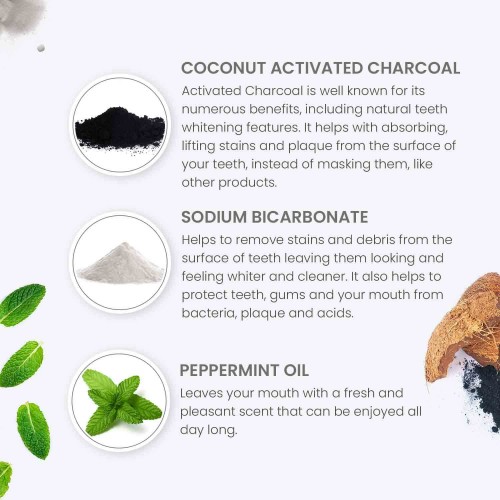 100 g Activated Coconut Charcoal Powder + 2 x Bamboo Brush For Teeth 5 X 10ml Coconut Oil Sachets 