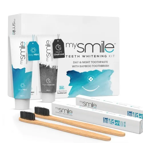 mysmile Day & Night Natural Teeth whitening Toothpaste with Mint & Activated Charcoal + 2 Bamboo Toothbrushes